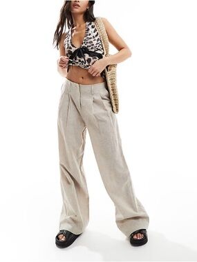 Monki linen mix tailored wide leg pants in beige from asos